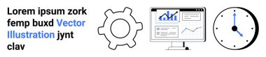 Gear çizim süreci, analitik gösteren bilgisayar monitörü ve zaman yönetimini sembolize eden saat. Üretkenlik, iş akışı, veri takibi, verimlilik, planlama, basit programlama için ideal