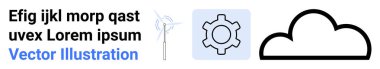 Rüzgar türbini, vites simgesi, ana hatlı bulut sembolü ve yenilenebilir enerji, teknoloji ve mühendisliği vurgulayan minimalist metin. Sürdürülebilirlik, teknoloji, temiz enerji bulut hesaplaması için ideal