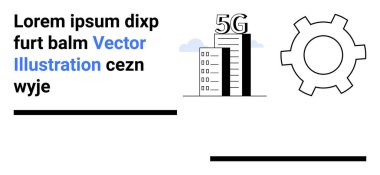 5G sinyal göstergesine sahip yüksek binalar, teknoloji teçhizatı ve yer tutucu metni. Telekom, teknoloji, yenilik, bağlantı, altyapı, dijital çözümler ve basit iniş için ideal