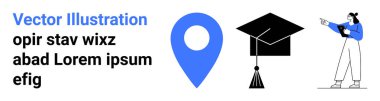 Mavi lokasyon iğnesi, püsküllü mezuniyet şapkası, dizüstü bilgisayarı olan ve el kol hareketi yapan biri. Eğitim, navigasyon, öğrenme, teknoloji, rehberlik, akademik başarı için ideal basit iniş sayfası