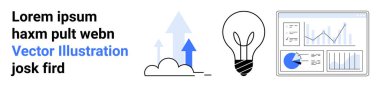 Yukarı doğru ok atan bir bulut, bir ampul ve grafik ve grafikleri analiz eden bir panel. Yenilik için ideal, teknoloji, bulut hesaplama, veri analizi, büyüme stratejisi, iş fikri basit iniş