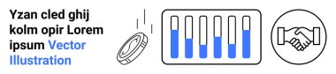 Üzerinde mavi çizgiler olan bir bar çizelgesinin yanında el sıkışma ikonu olan bir madeni para düşüyor. Finans, yatırım, ortaklık, işbirliği, analitik, ekonomik büyüme için ideal, basit iniş sayfası