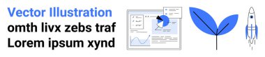 Grafikli veri paneli, büyümeyi simgeleyen minimalist yaprak ve yenilik için roket. Teknoloji, çevre, girişimler, analitik, araştırma, yenilik için ideal basit iniş sayfası