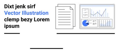 Analitik gösterge panelinin yanındaki belgeler grafikleri, grafikleri ve ilerlemeyi gösteriyor. Veri analizi, sunumlar, raporlama, iş stratejisi, eğitim araçları, araştırma sade iniş sayfası için ideal