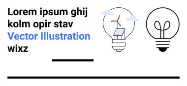 Güneş paneli, yel değirmeni ve parlayan ampullü eko ampul yenilenebilir enerji yeniliğini vurguluyor. Sürdürülebilirlik, eko-teknoloji, yeşil enerji, yaratıcılık, çevre eğitimi için ideal