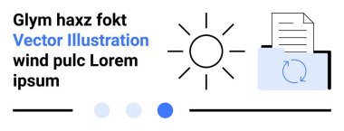 Bir belgenin güneş ve oklarla yenilenme sürecinin soyut temsili. Üretkenlik araçları, dosya yönetimi, otomasyon, iş akışı, enerji tasarrufu, teknoloji arayüzleri ve basit bir iniş için ideal