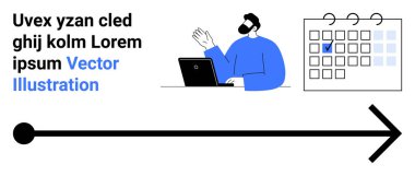 Dizüstü bilgisayarda el sallayan adam, seçilmiş tarihli takvim, yönü sembolize eden kalın ok. Üretkenlik, planlama, takvim, iş hedefleri, iş akışı, karar veren basit iniş sayfası için ideal