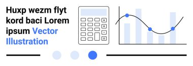 Hesap makinesi, veri noktaları olan çizgi grafiği ve bar grafiği finansal analizi, istatistikleri, sunumu ve görselleştirmeyi simgeler. Finans, iş analizi ve istatistik raporları için ideal