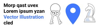 Anahtarlar, mavi lokasyon rozeti ve bir satranç şövalyesi yakalama teması navigasyon, strateji, güvenlik, hedefler ve karar verme mekanizmasını parmakla gösteriyor. Seyahat, iş planlaması, sorun çözme veya basit bir çözüm için ideal