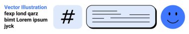 Üstveri etiketi, metin bloğu ve mavi gülen yüz yatay olarak sıralanmış. Sosyal medya, içerik paylaşımı, katılım, etiket, kullanıcı etkileşimi, pozitiflik basit iniş sayfası için ideal