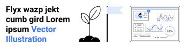Analitik grafikleri olan gösterge paneli, filizlenen küçük bitki ve bayrak. Büyüme için ideal, başarı izleme, veri görselleştirme, ilerleme, strateji planlaması, istatistik sade iniş sayfası