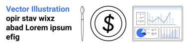 Dolar simgesi, boya fırçası ve çubuk grafik, çizgi çizelgesi ve pasta grafiğiyle analitik gösterge paneli. Finans, sanat, tasarım, pazarlama veri analizi yaratıcılığı ve basit iniş sayfası için ideal