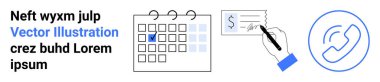İşaretli tarihli takvim, çek imzalama ve telefon simgesi. Program, ödeme işlemleri, finans, etkinlik planlaması, iletişim için ideal, basit bir iniş sayfasını anımsatıyor