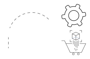 Vites sembollü arabaya doğru eğik çizgi, dijital ürün yönetimini gösteren küp simgesi. E-ticaret, otomasyon, yenilik, teknoloji, süreç optimizasyonu, çevrimiçi alışveriş için ideal
