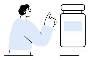 Büyük bir kavanozu işaret eden kişi, odaklanmayı ya da etkileşimi vurguluyor. Sağlık, eczane, talimat, tetikte olmak, rehberlik, karar verme ürünü seçimi için idealdir. Düz basit metafor