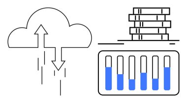 Çift yönlü okları olan bulutlar, veri tabanı yapısı, veri analizlerini görselleştiren çubuk grafiği. Bulut hesaplama, veri yönetimi, analitik, depolama çözümleri, dijital hizmetler, bilişim basit