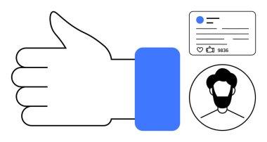 Baş parmak hareketi, sosyal medya gönderme ölçümleri ve kullanıcı profili ikonu olan bir el. Dijital etkileşim, markalaşma, sosyal onay, çevrimiçi varlık, geri bildirim, basit iniş sayfası için ideal