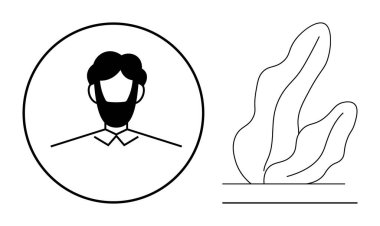 Dairesel çerçevedeki erkek avatarı, kalın çizgi sanatında soyut süs bitkisi çizimi ile eşleştirilir. Kişisel markalaşma, profil tasarımı, yaratıcı projeler, doğa temaları, çağdaş tarz için ideal