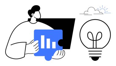 Bar çizelgeleriyle bir yapboz parçası tutan kişi, veri analizini sembolize ediyor, yeniliği temsil eden bir ampulün yanında. Strateji, analitik, yaratıcılık, takım çalışması, işbirliği için ideal