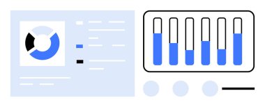 Analitik torpido gözünde mavi aksanlı dairesel pasta grafiği ve çubuk grafiği. Veri analizi, raporlama, iş stratejisi, mali içgörü, eğitim ve takım işbirliği için ideal