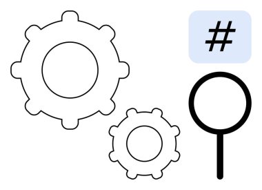 İki vites ana hatları, bir büyüteç ve bir meta veri etiketi sembolü işbirliği, mekanik, veri araması, problem çözme, sosyal medya, sistem analizi ve basit iniş sayfasını temsil eder.