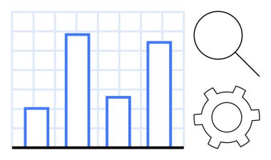 Izgara arka plan, büyüteç ve analiz, araştırma ve optimizasyonu vurgulayan dişli grafiği. İş, strateji, istatistik, metrik teknoloji üretkenliği için ideal basit