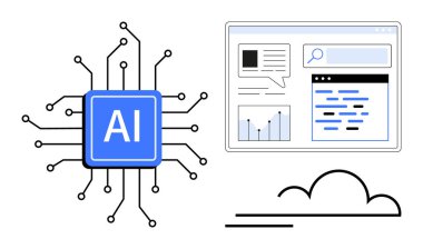 Devreli yapay zeka işlemcisi, veri analizi gösterge paneli ve bulut çizgisi. Teknoloji, yenilik, yapay zeka, makine eğitimi, veri yönetimi, bulut hizmetleri için ideal