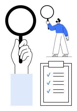 El ele tutuşan büyüteç, kontrol işaretli listeyi analiz eden kişi, teftiş portresi, değerlendirme. Araştırma, kalite kontrolü, verimlilik, yönetim ve planlama için ideal