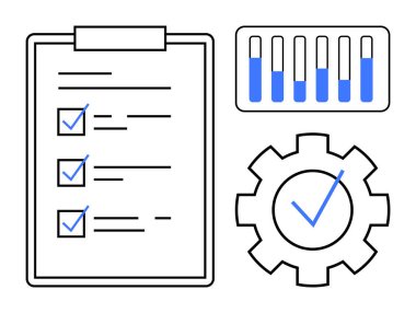 Tamamlanmış kutular, işaretli teçhizat ve bar çizelgesi olan görev listesi. Proje yönetimi, üretkenlik, analitik, iş akışı, kalite kontrol, basit iniş sayfası planlama için ideal