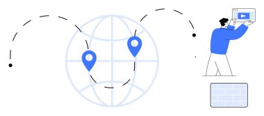 Yer işaretleri ve kıvrımlı yolları olan bir dünya, dijital ekran tutan biri. Teknoloji için ideal, küresel bağlantı, uzak çalışma, lojistik, ağ oluşturma, iletişim, basit iniş sayfası