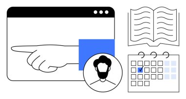 Bir tarayıcı, kullanıcı profili, açık kitap ve işaretli takvim vurgulama görevleri, zamanlama ve öğrenme. Üretkenlik, planlama, eğitim yönetimi işbirliği izleme için ideal
