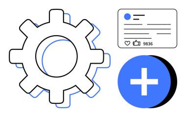 Ayarlar için vites sembolü, etkileşim için sosyal profil ve ek olarak simge. Teknoloji, sosyal medya, kullanıcı arayüzü, kişiselleştirme, bütünleşme, işbirliği için ideal