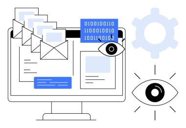 E- postalarlı bilgisayar ekranı, ikili kod, gözetleme gözü ve vites simgesi. Veri güvenliği için ideal, dijital izleme, çevrimiçi mahremiyet, siber savunma, teknoloji izleme, düz metafor