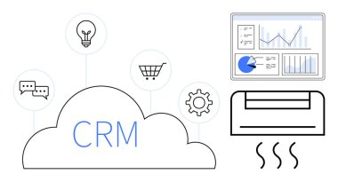 CRM bulut sistemi analitik gösterge paneli, ampul, alışveriş arabası, sohbet baloncukları, dişli ikonu ve havalandırma ünitesiyle entegre edildi. Teknoloji, müşteri hizmetleri, yenilikçi analiz sistemi için ideal