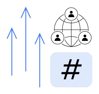Yukarı çıkan oklar büyümeyi, kullanıcı simgeleriyle küresel bağlantı ağını ve vurgulanmış bir üstveri etiketini simgeler. Takım çalışması, işbirliği, ilerleme, çevrimiçi etkileşim, sosyal medya, strateji için ideal