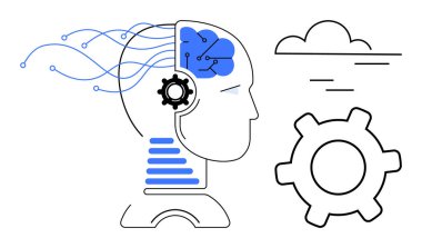 Beyin devreleri, vites mekanizması ve bulut olan insan kafası yapay zekayı, sinirsel ağı ve teknolojiyi temsil ediyor. Yapay zeka, yenilik, düşünme otomasyonu yaratıcılık makinesinin düz öğrenmesi için ideal