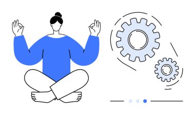 Bacak bacak üstüne atmış bir kadın, tamam el hareketleriyle meditasyon yapıyor, yüzen dişlilerin yanında. Farkındalık, iş hayatı dengesi, stres atma, dinginlik, zihinsel berraklık, üretkenlik, basit iniş için ideal