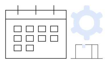 Takvim ızgarası, dişli simgesi, ve dizin vurgulama planlama, otomasyon, organizasyon, planlama, verimlilik, iş akışı verimliliği ve veri yönetimi. İş projesi planlama ve daire için ideal