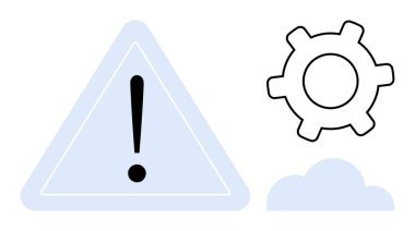 Üçgende ünlem işareti, teçhizat ve bulutun yanında. Uyarı, ayar, sistem hatası, işlem yönetimi, veri senkronizasyonu, bakım, güncellemeler için ideal. Düz basit metafor