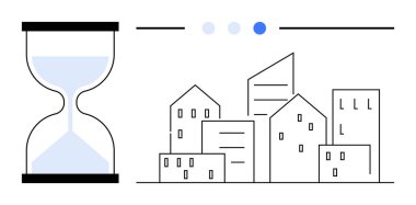 Kum saati, basit geometrik şehir binalarının yanında zamanın geçişini simgeliyor. Zaman yönetimi, kentsel planlama, mimari, büyüme, yenilik, süreç akışı, basit iniş sayfası için ideal