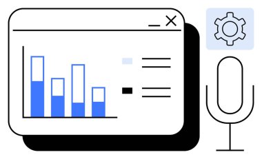 Tarayıcı penceresindeki çubuk çizelgesi, mikrofon ve ses özellikleri için dişli ögesi ve ayarlar. Analiz, ses tanıma, otomasyon, analiz, kişiselleştirme için ideal, basit iniş sayfası