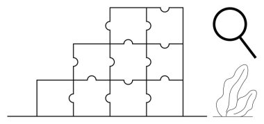 Yığılmış yapboz parçaları büyüteç ve bitki çiziminin yanında bir piramit yapısı oluşturuyor. Takım çalışması, problem çözme, organizasyon, analiz, araştırma, odak, basit iniş sayfası için ideal
