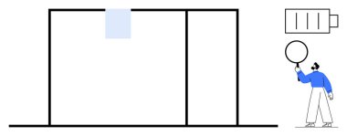 Büyüteç tutan kişi, şarj göstergesi ve minimalist pencere tasarımını analiz ediyor. Verimlilik, enerji, odak, teftiş, verimlilik, mimari, basit iniş sayfası için ideal