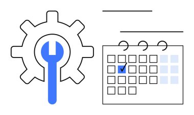 Üzerinde çek olan bir takvimin yanında ingiliz anahtarı olan vites. Bakım, onarım zamanlaması, görev planlaması, sistem optimizasyonu, organizasyon, iş akışı yönetimi için ideal, düz basit metafor