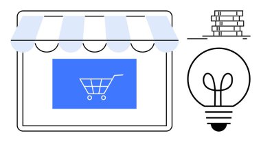 Araba ikonu, yeniliği sembolize eden ampul ve yatırım için birikmiş paraların olduğu dijital mağaza önü. E-ticaret, yenilik, finans, küçük işletme, yaratıcılık, pazarlama için ideal