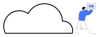 Büyük bir bulut anahatının yanında elinde küçük resim tutan bir adam. Bulut hizmetleri, veri yönetimi, video platformları, teknoloji, çevrimiçi depolama, ağ oluşturma veya basit bir iniş sayfası için ideal