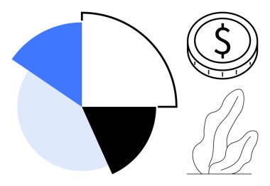 Verileri soyut mavi, siyah ve beyaz renklerle ayıran turta grafiği dolar işaretli sikke ve bitki grafiği. Finans, analitik, ekonomi, iş yatırımı tasarrufları için ideal