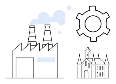 Görünür bacaları olan bir duman üretimi temsil eden bir dişli ikonu ve tarihi bir bina yayan bir fabrika. Sanayi, ilerleme, tarih, miras, yenilik ve mimari için ideal