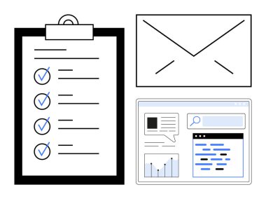 Mavi işaretli pano kontrol listesi, mesajlaşma için zarf ve arama, analiz ve sohbet içeren web arayüzü. Üretkenlik, iletişim, organizasyon, planlama analizleri için ideal
