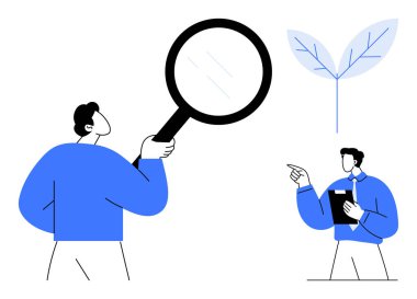 İki kişi bir yaprağı inceliyor, biri büyüteçle, diğeri de not defteriyle. Araştırma, analiz, çevre, büyüme, takım çalışması, keşif eğitimi için ideal. Düz basit metafor